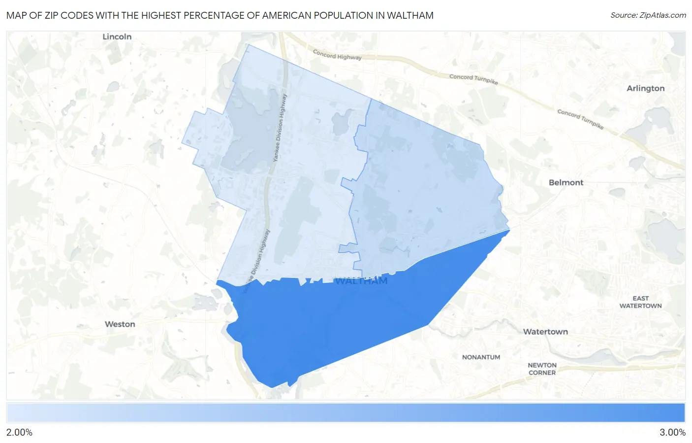 Zip Codes with the Highest Percentage of American Population in Waltham Map