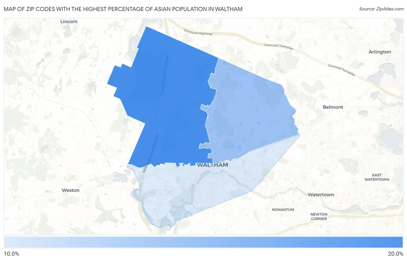 Zip Codes with the Highest Percentage of Asian Population in Waltham Map