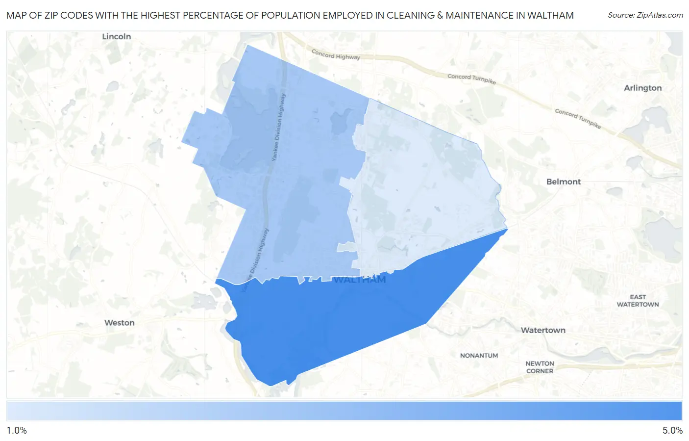Zip Codes with the Highest Percentage of Population Employed in Cleaning & Maintenance in Waltham Map