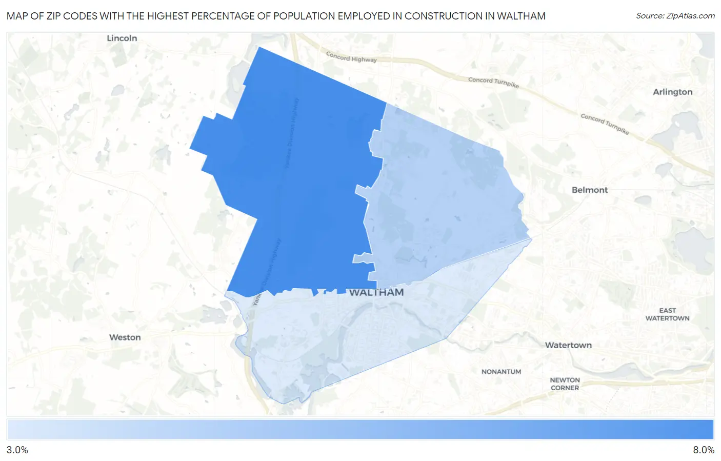 Zip Codes with the Highest Percentage of Population Employed in Construction in Waltham Map