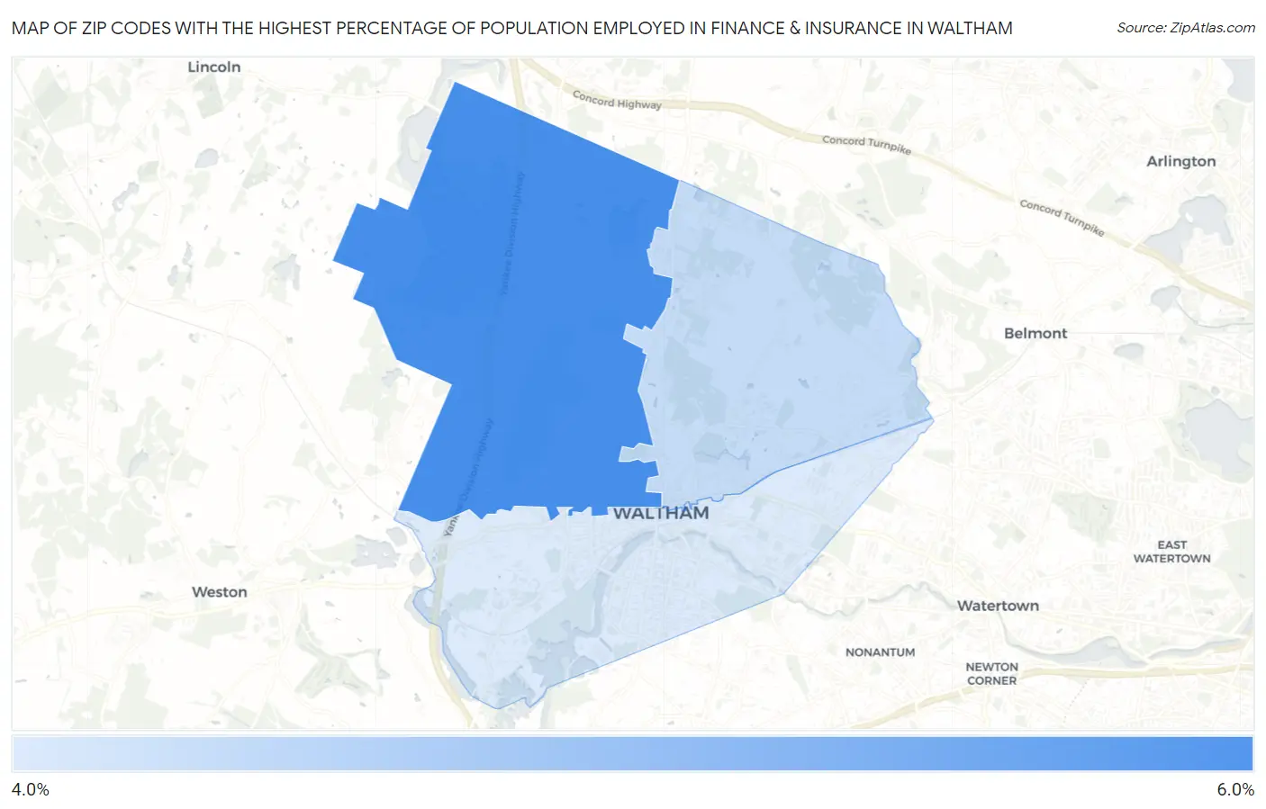 Zip Codes with the Highest Percentage of Population Employed in Finance & Insurance in Waltham Map
