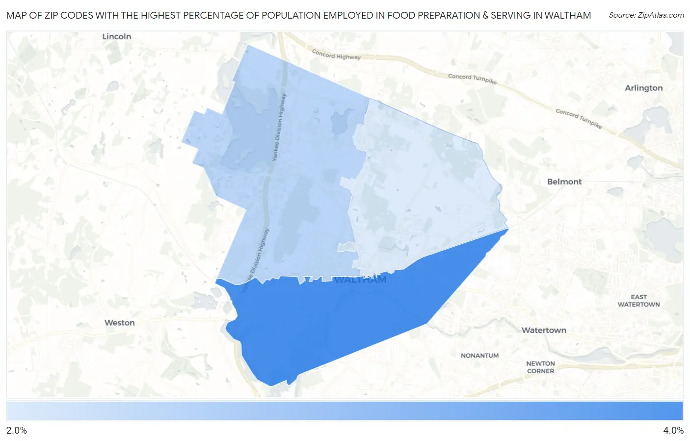 Zip Codes with the Highest Percentage of Population Employed in Food Preparation & Serving in Waltham Map