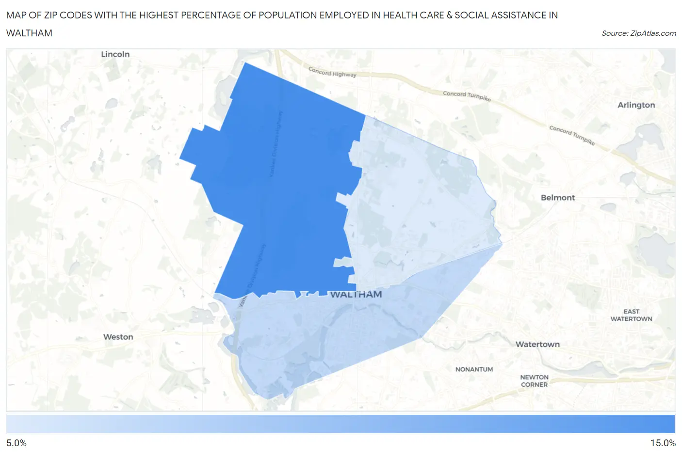 Zip Codes with the Highest Percentage of Population Employed in Health Care & Social Assistance in Waltham Map