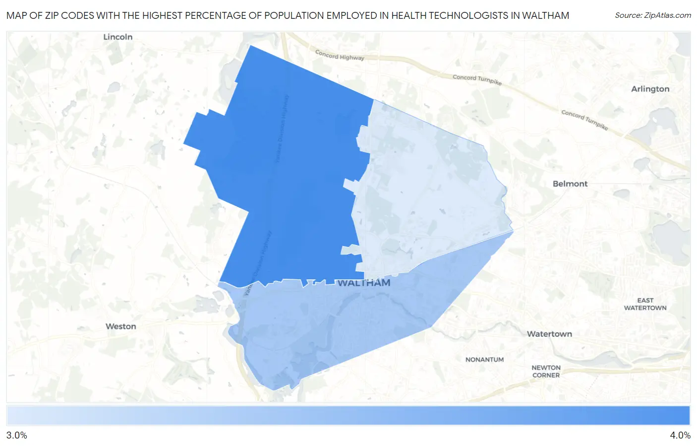 Zip Codes with the Highest Percentage of Population Employed in Health Technologists in Waltham Map