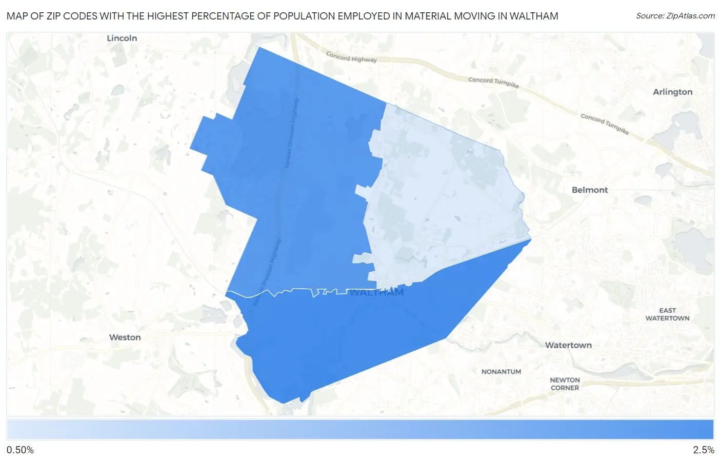 Zip Codes with the Highest Percentage of Population Employed in Material Moving in Waltham Map