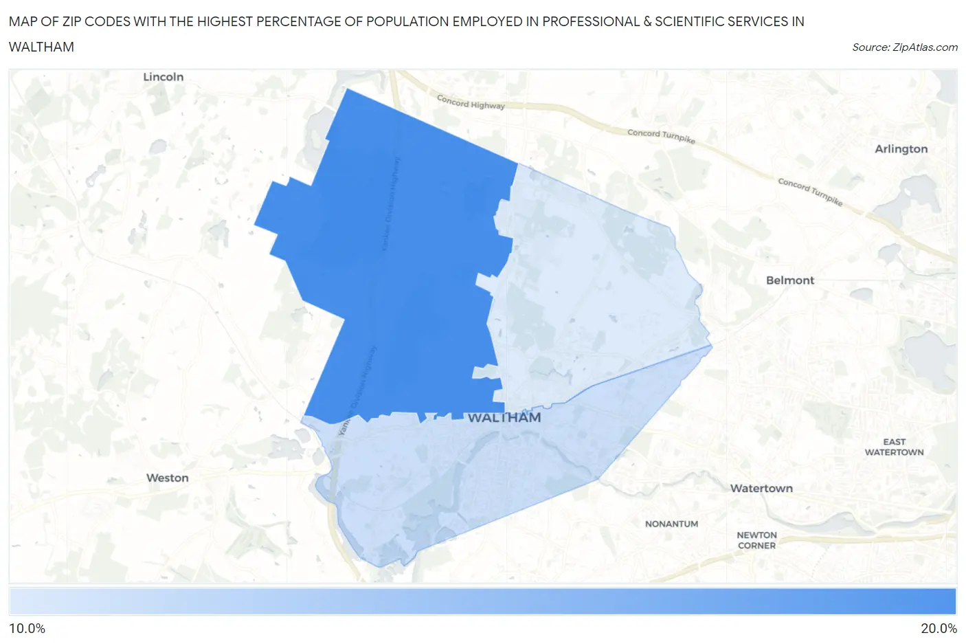 Zip Codes with the Highest Percentage of Population Employed in Professional & Scientific Services in Waltham Map