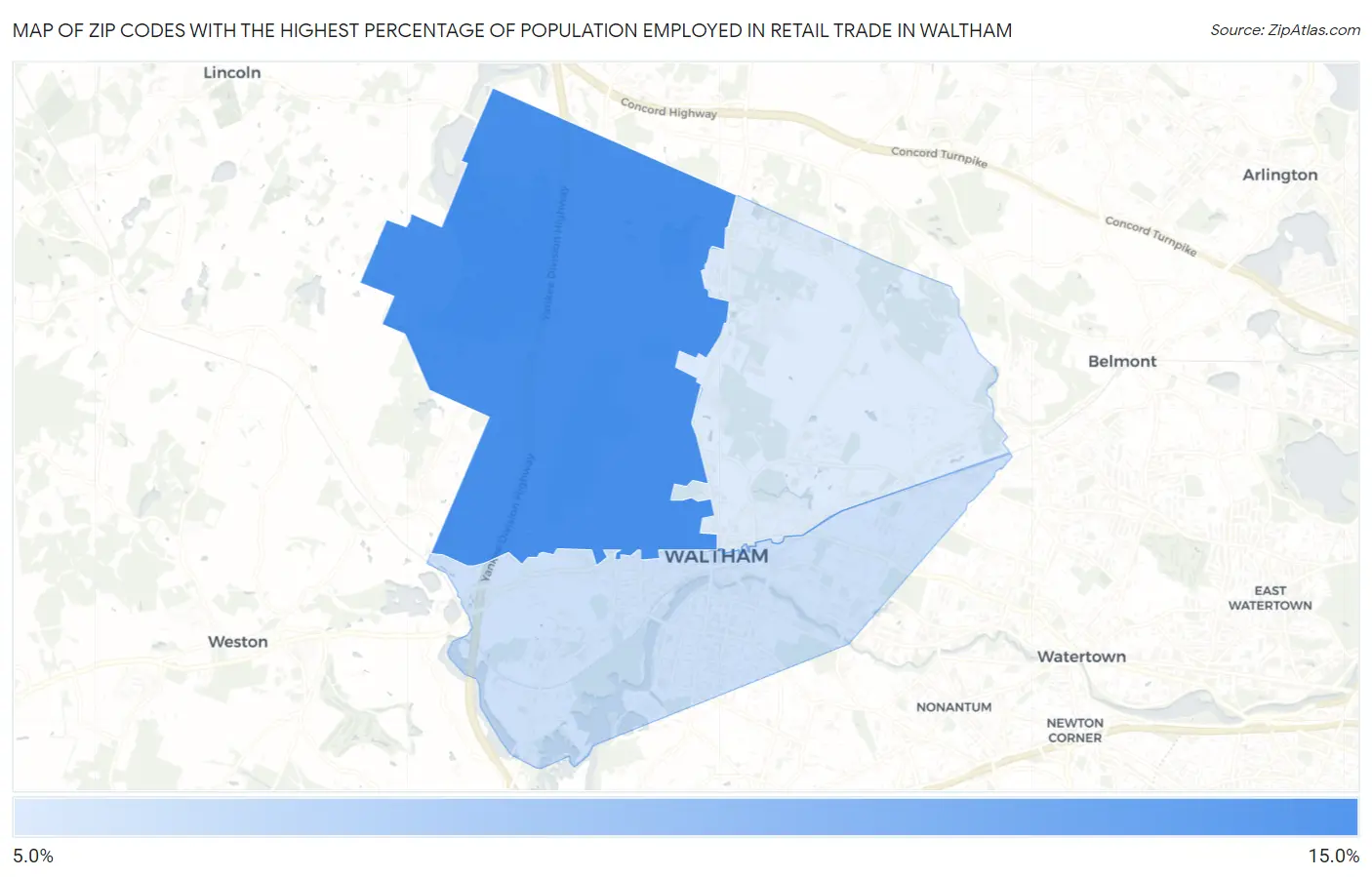 Zip Codes with the Highest Percentage of Population Employed in Retail Trade in Waltham Map
