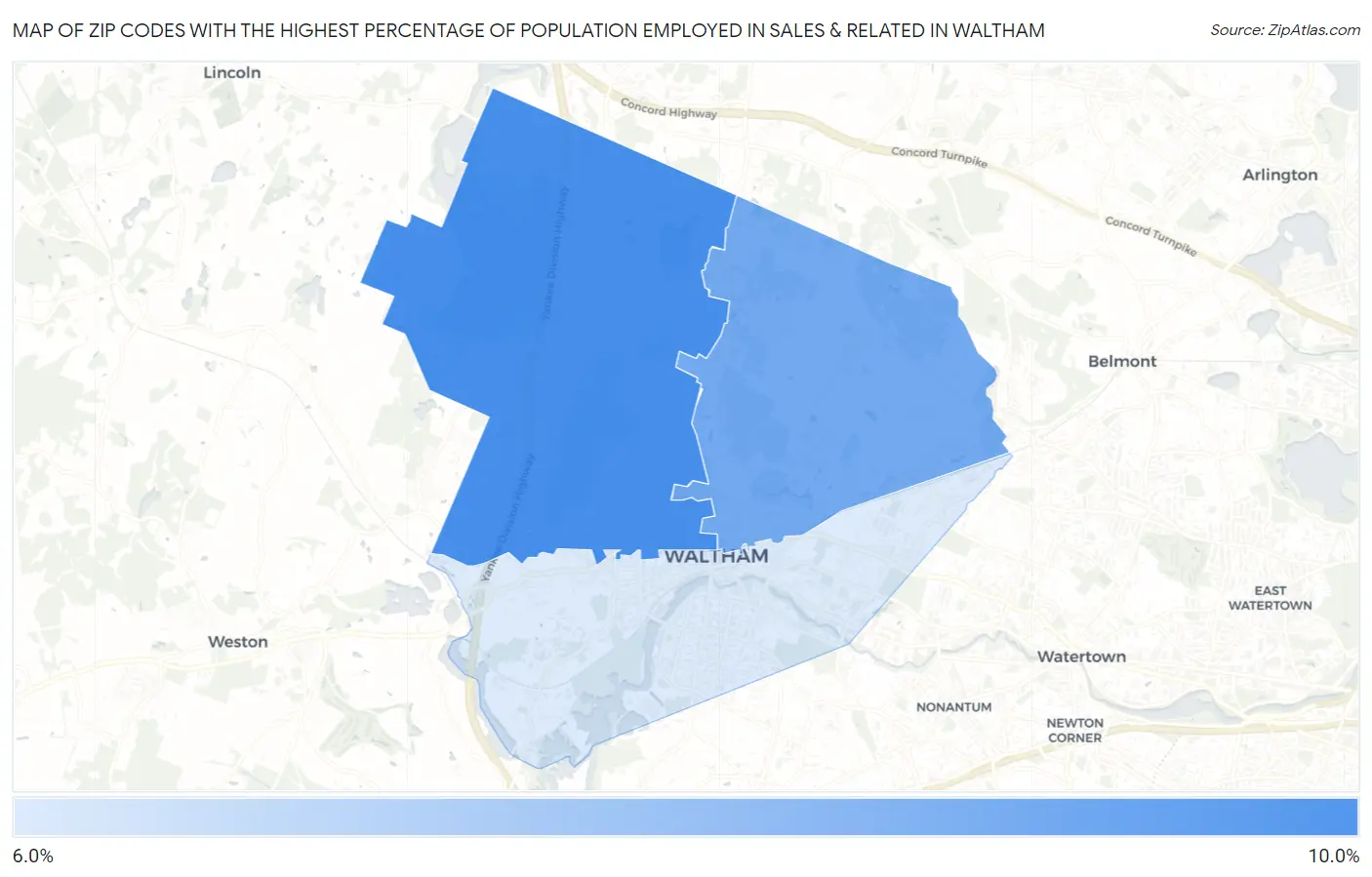 Zip Codes with the Highest Percentage of Population Employed in Sales & Related in Waltham Map