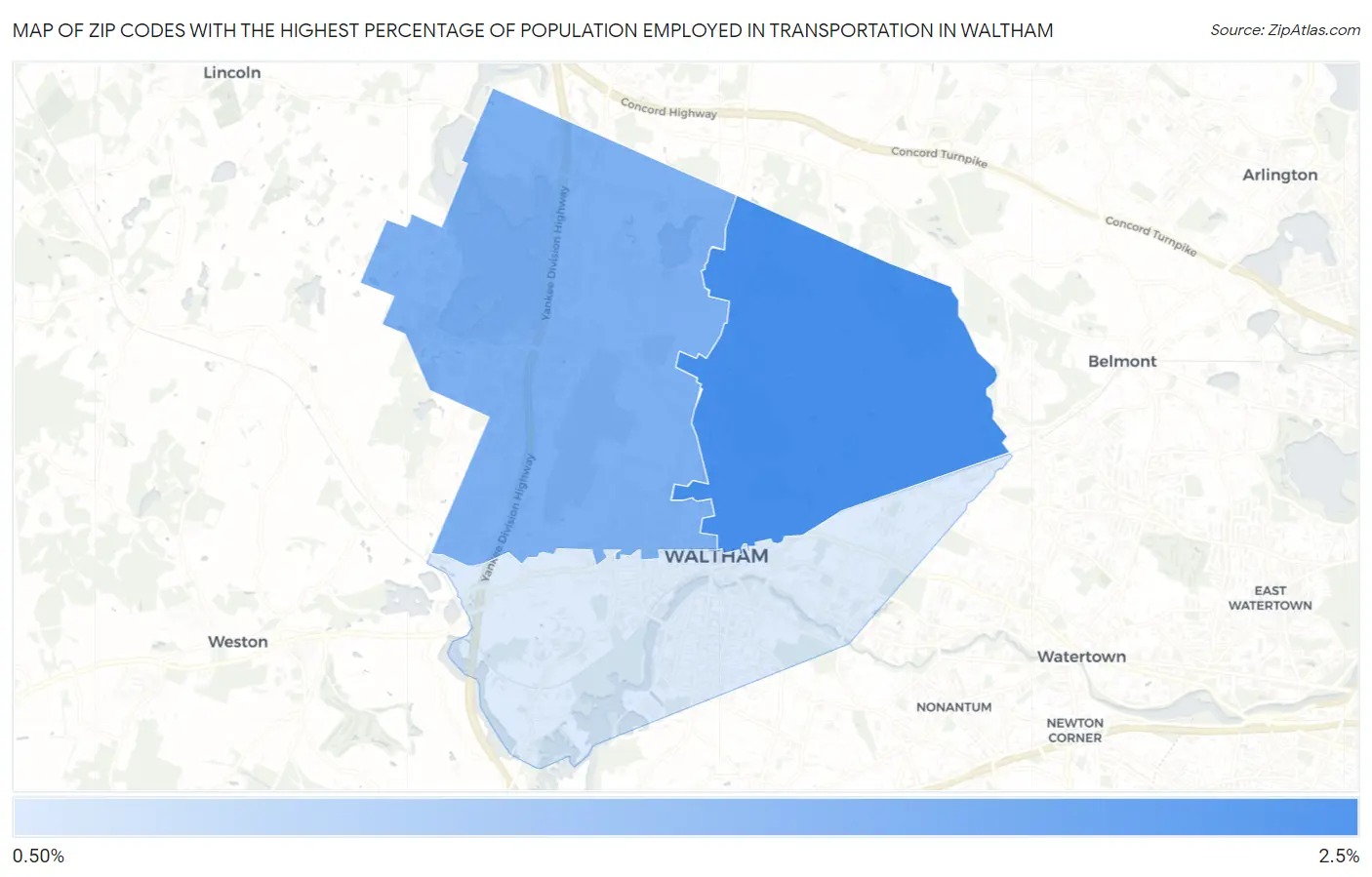 Zip Codes with the Highest Percentage of Population Employed in Transportation in Waltham Map