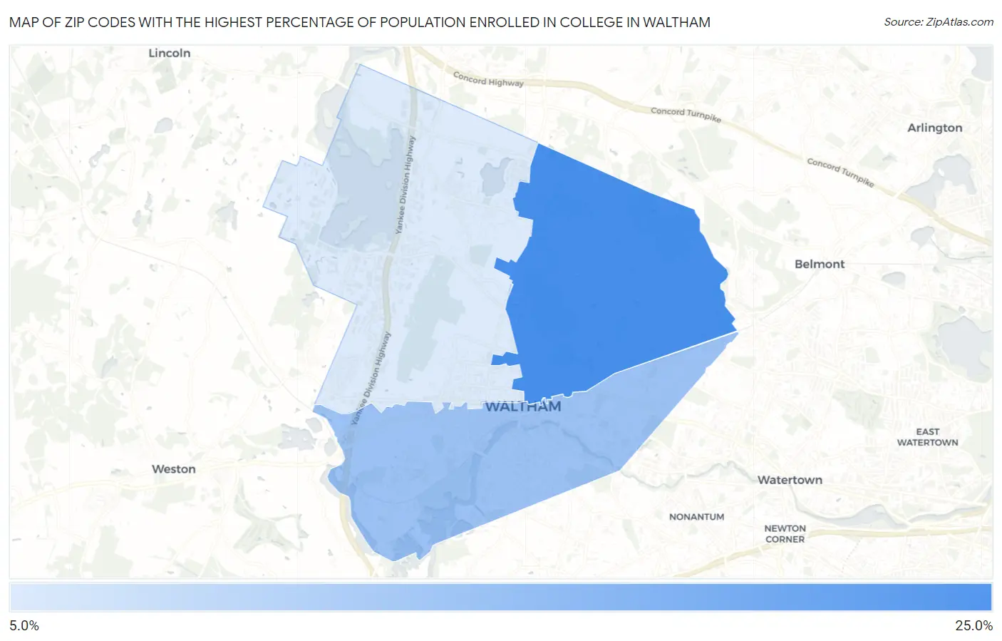 Zip Codes with the Highest Percentage of Population Enrolled in College in Waltham Map