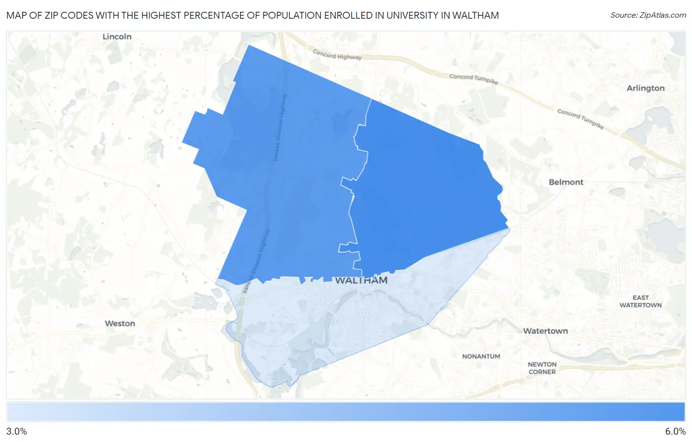 Zip Codes with the Highest Percentage of Population Enrolled in University in Waltham Map
