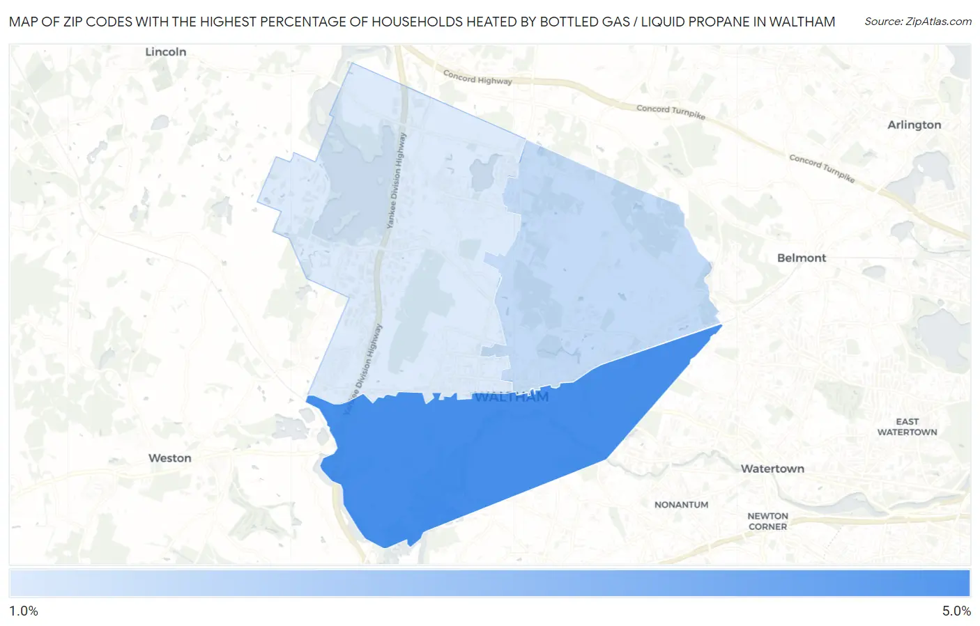 Zip Codes with the Highest Percentage of Households Heated by Bottled Gas / Liquid Propane in Waltham Map