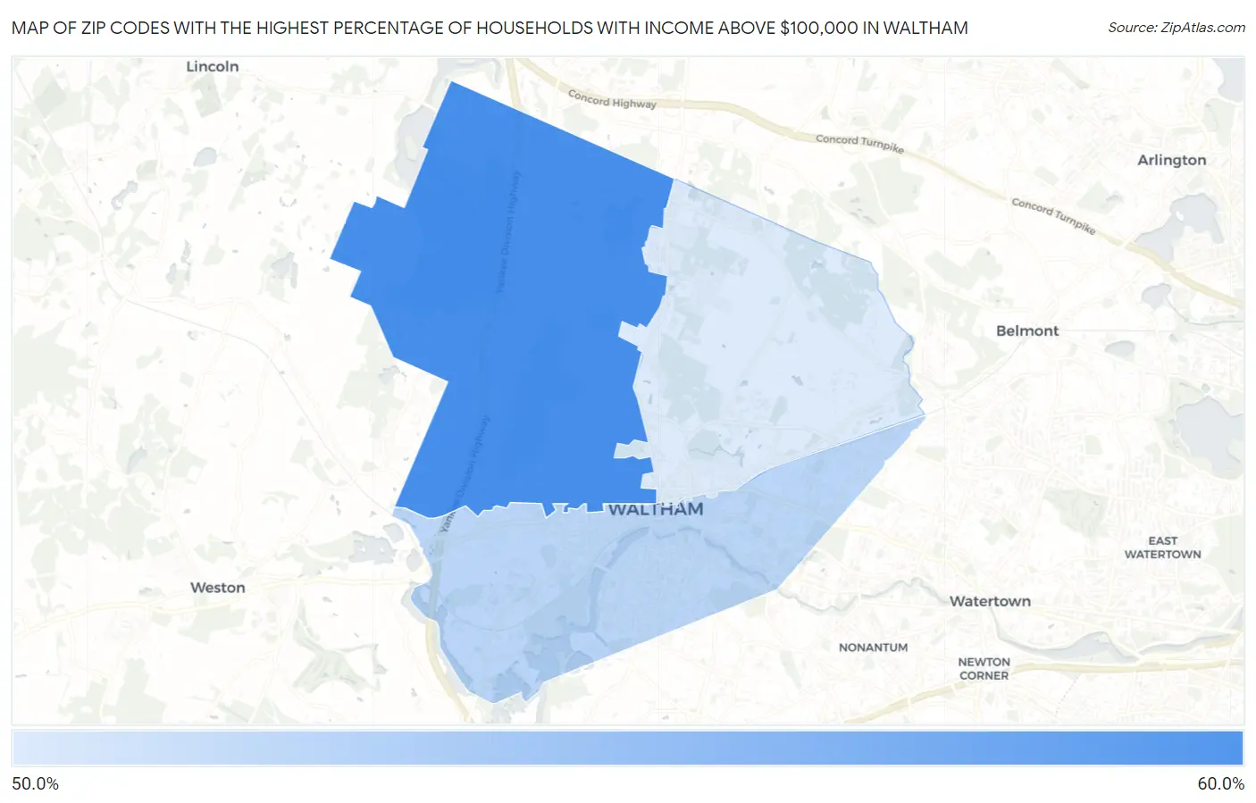Zip Codes with the Highest Percentage of Households with Income Above $100,000 in Waltham Map