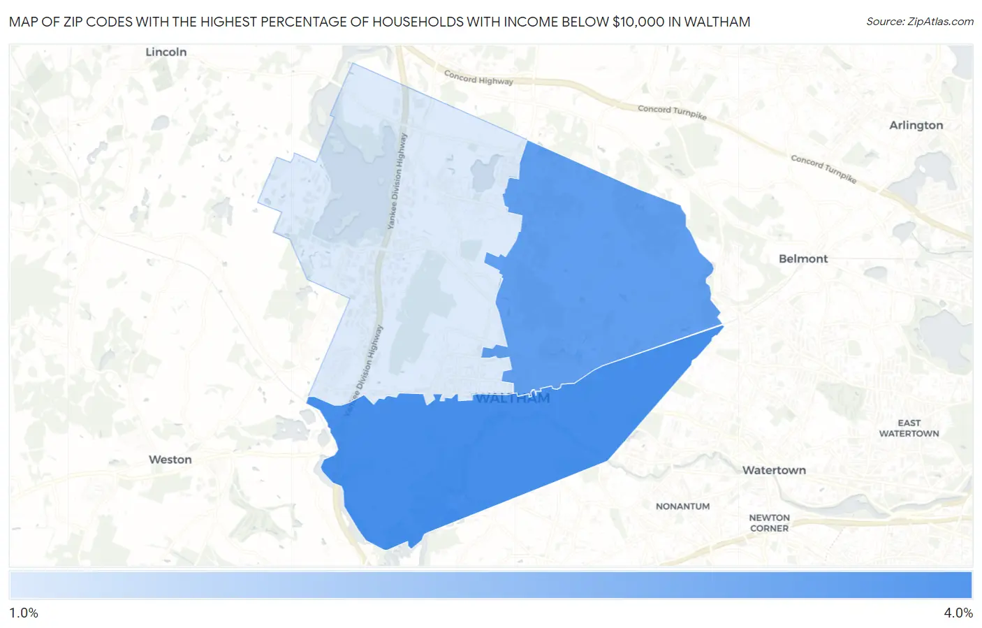 Zip Codes with the Highest Percentage of Households with Income Below $10,000 in Waltham Map