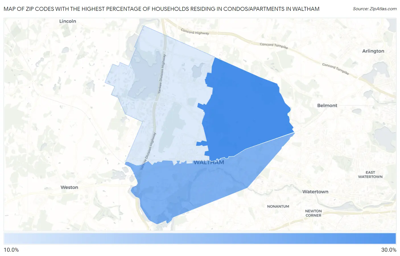 Zip Codes with the Highest Percentage of Households Residing in Condos/Apartments in Waltham Map