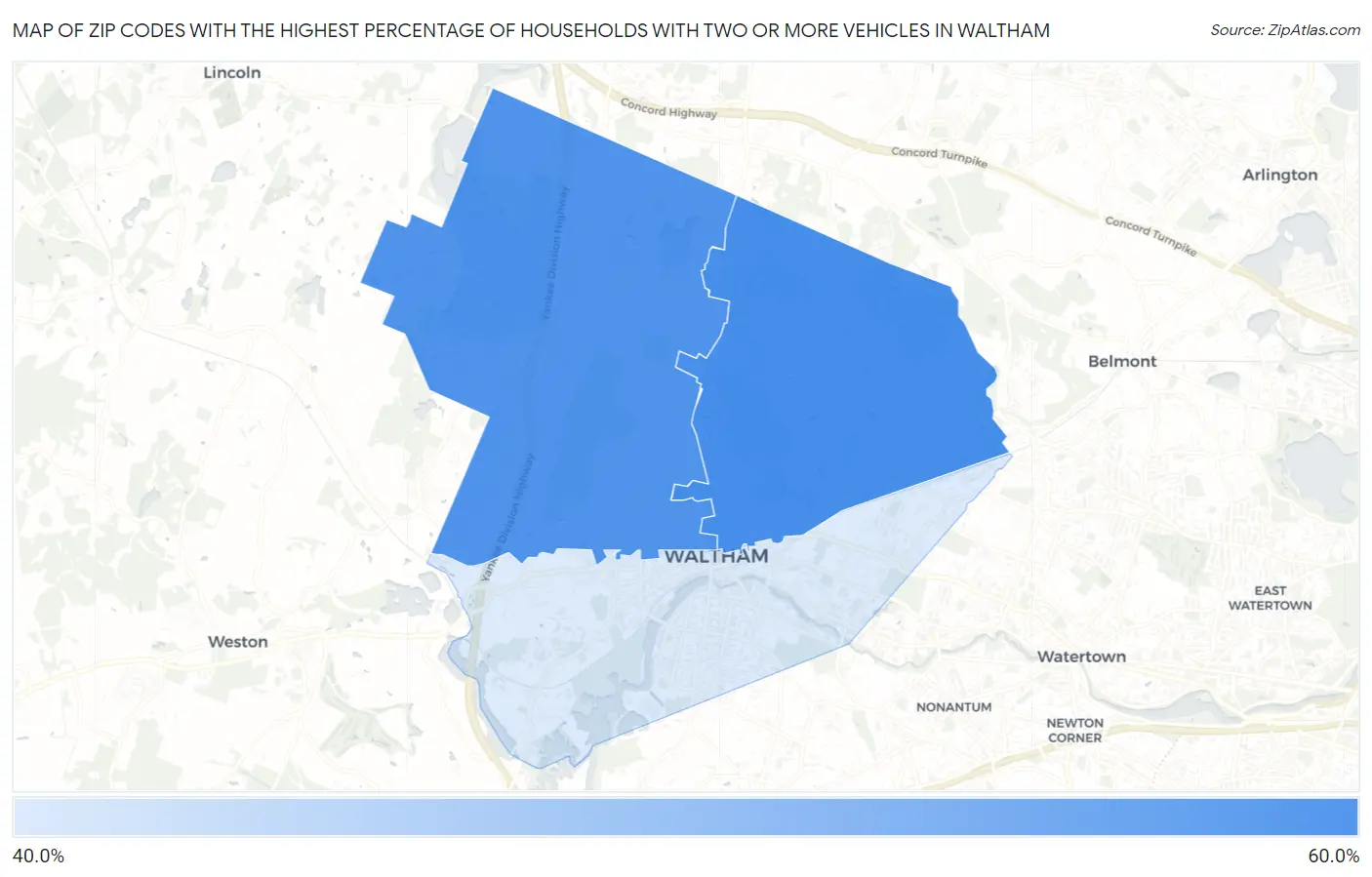 Zip Codes with the Highest Percentage of Households With Two or more Vehicles in Waltham Map