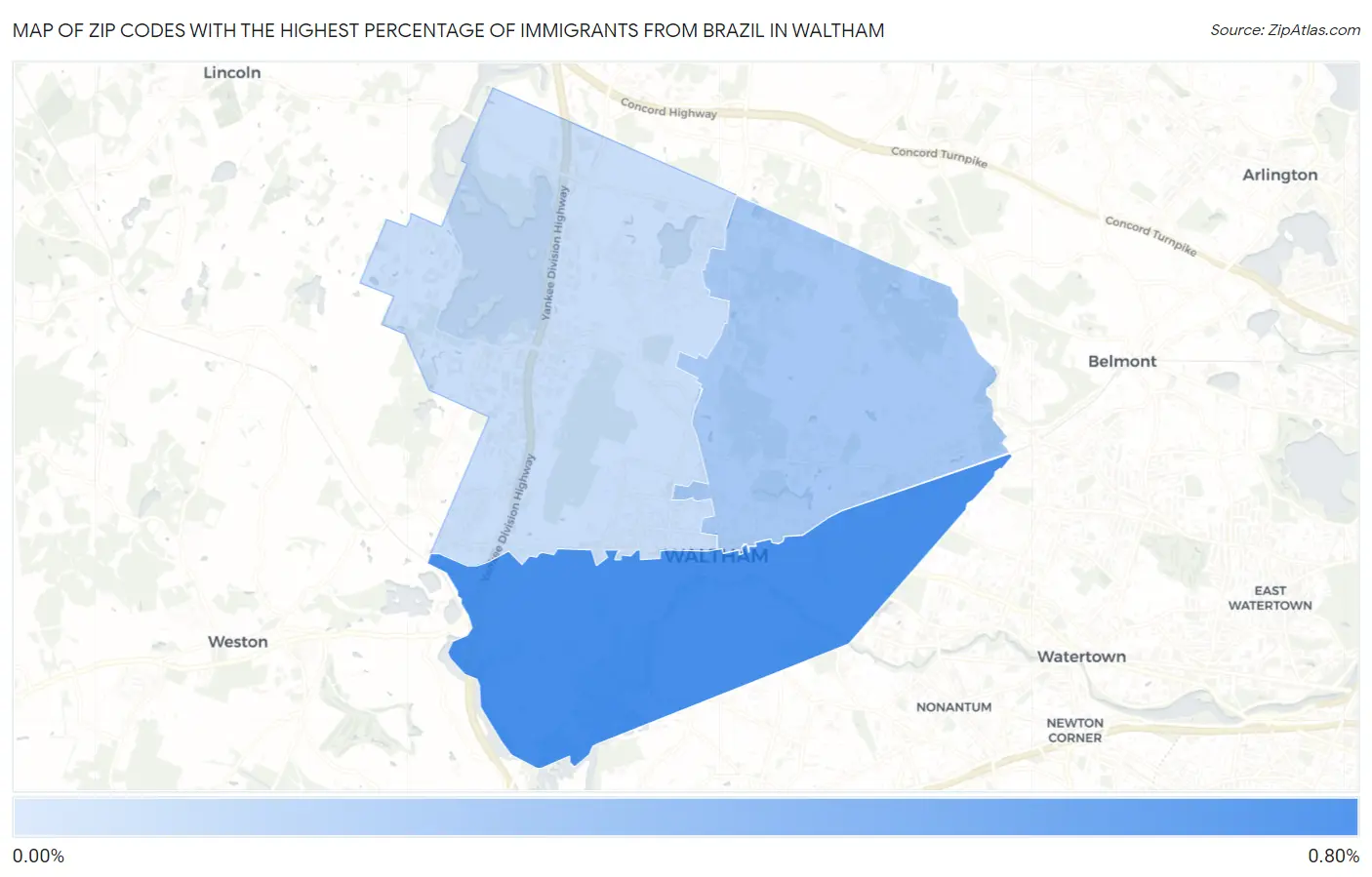 Zip Codes with the Highest Percentage of Immigrants from Brazil in Waltham Map