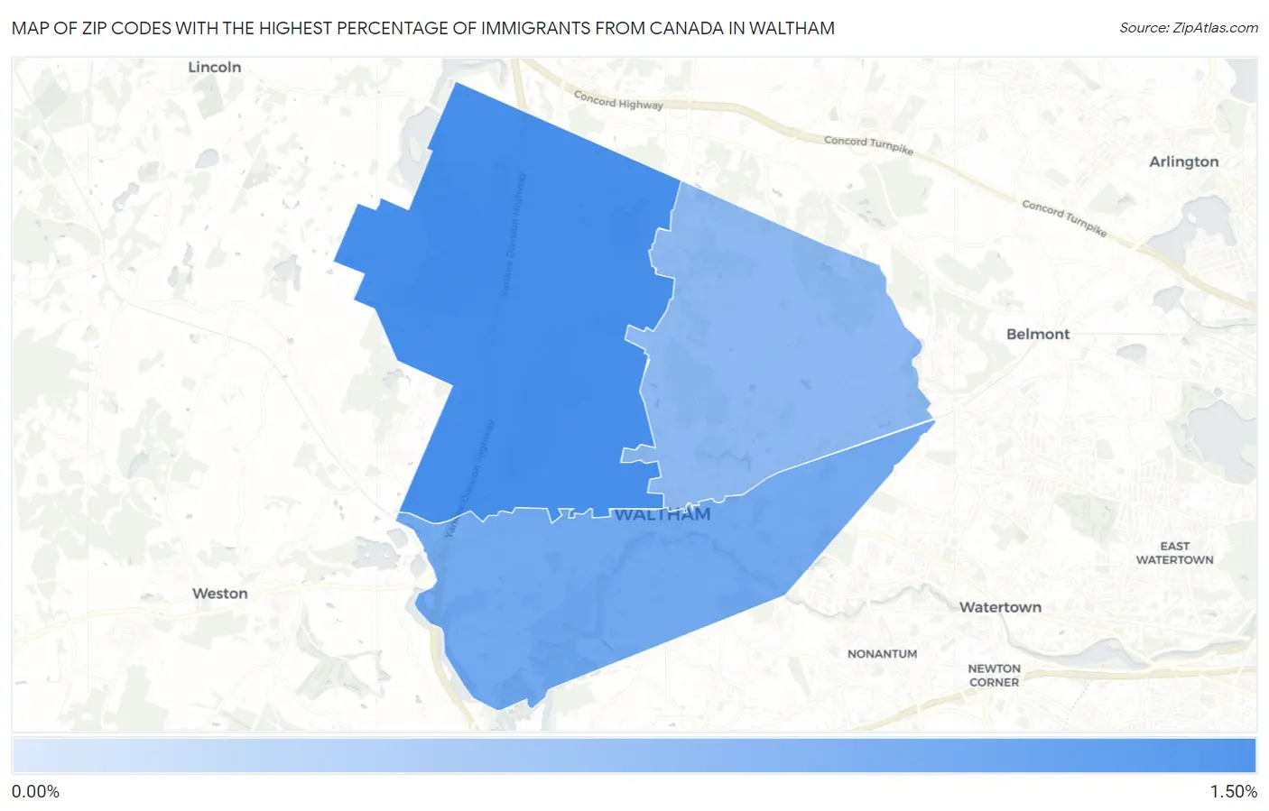 Zip Codes with the Highest Percentage of Immigrants from Canada in Waltham Map