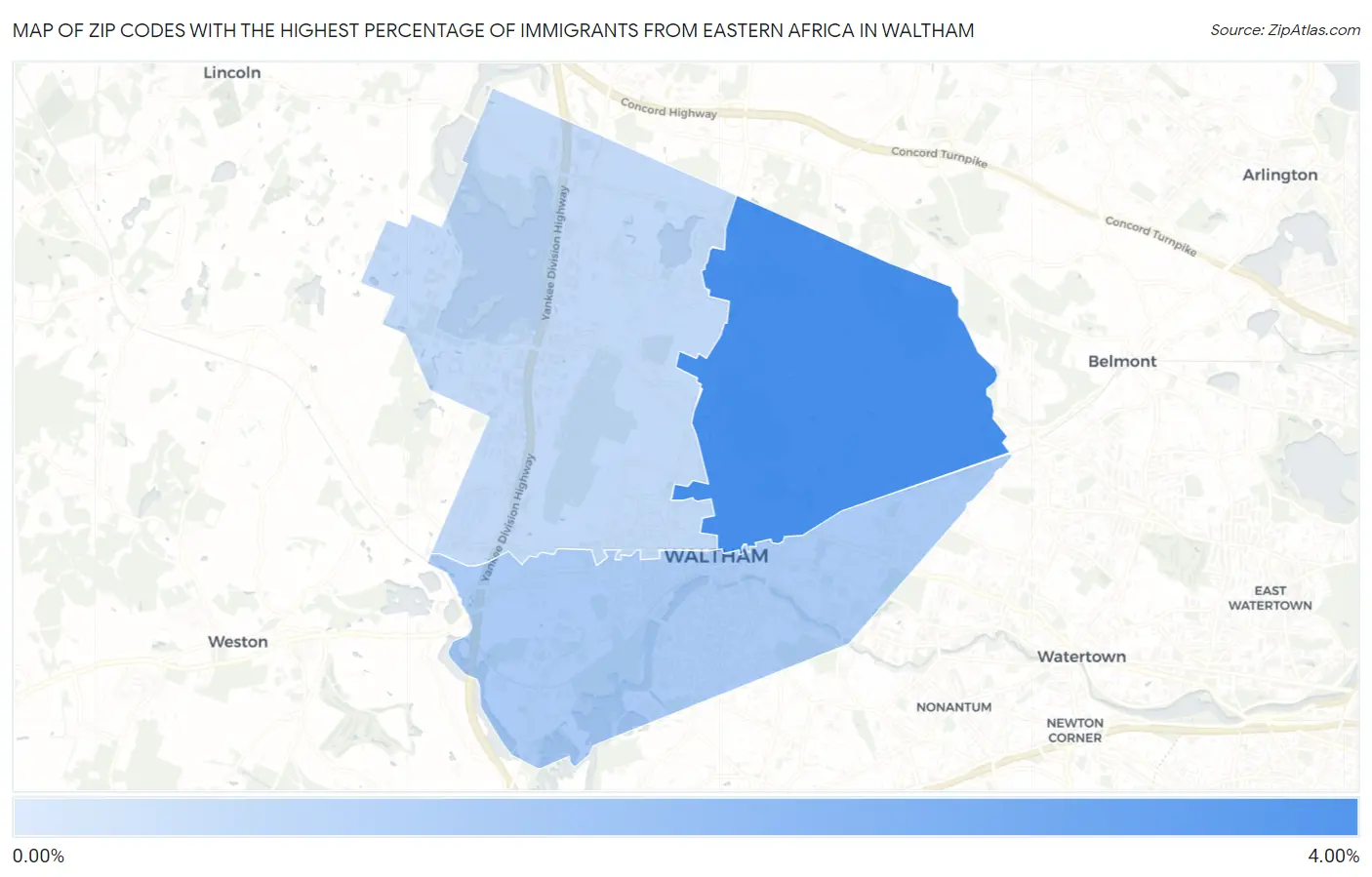 Zip Codes with the Highest Percentage of Immigrants from Eastern Africa in Waltham Map