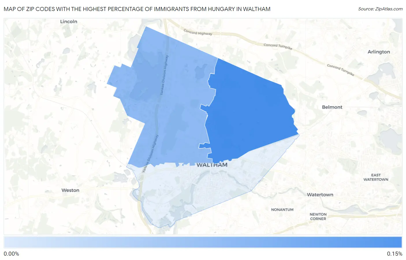 Zip Codes with the Highest Percentage of Immigrants from Hungary in Waltham Map