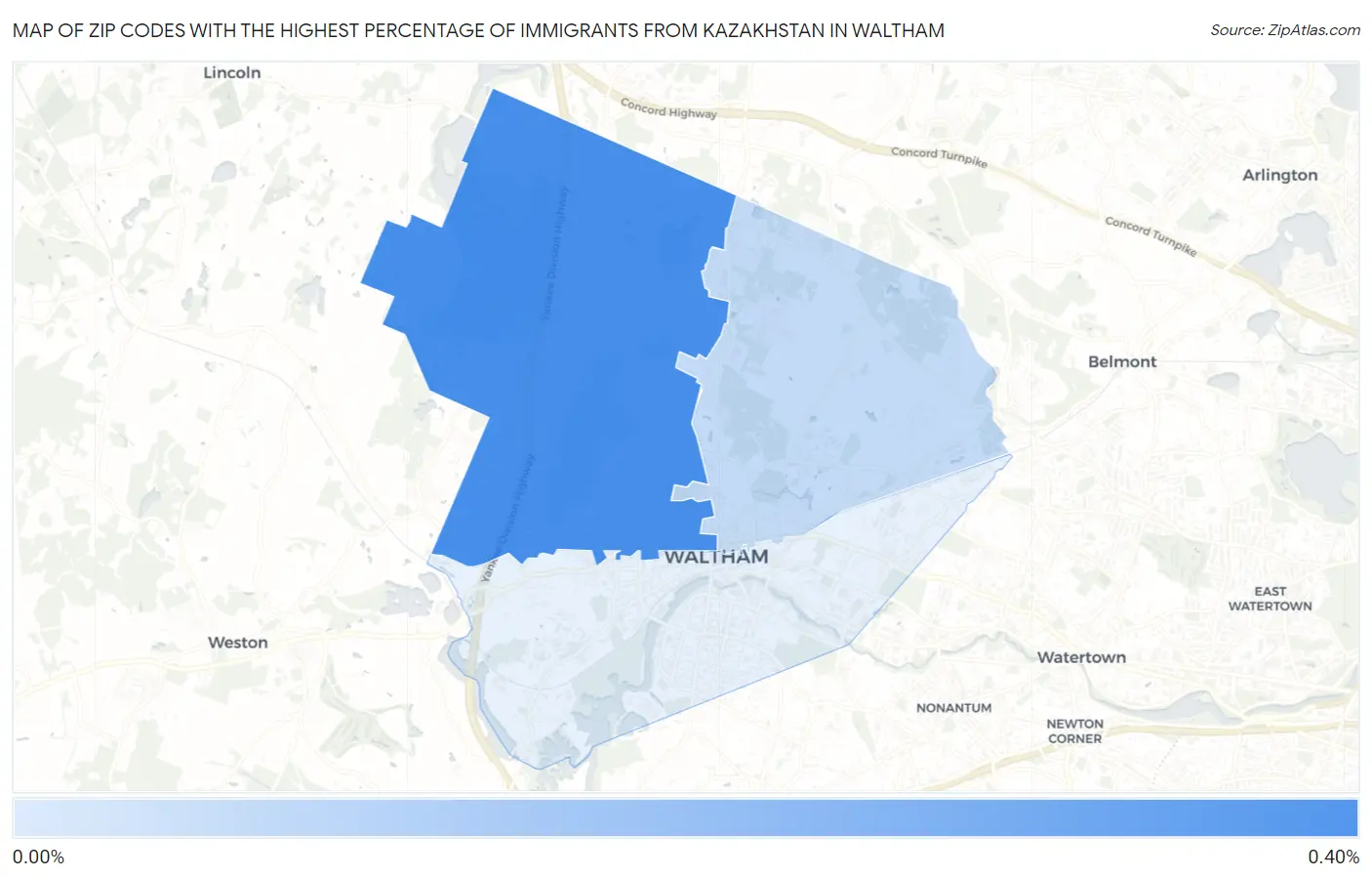 Zip Codes with the Highest Percentage of Immigrants from Kazakhstan in Waltham Map