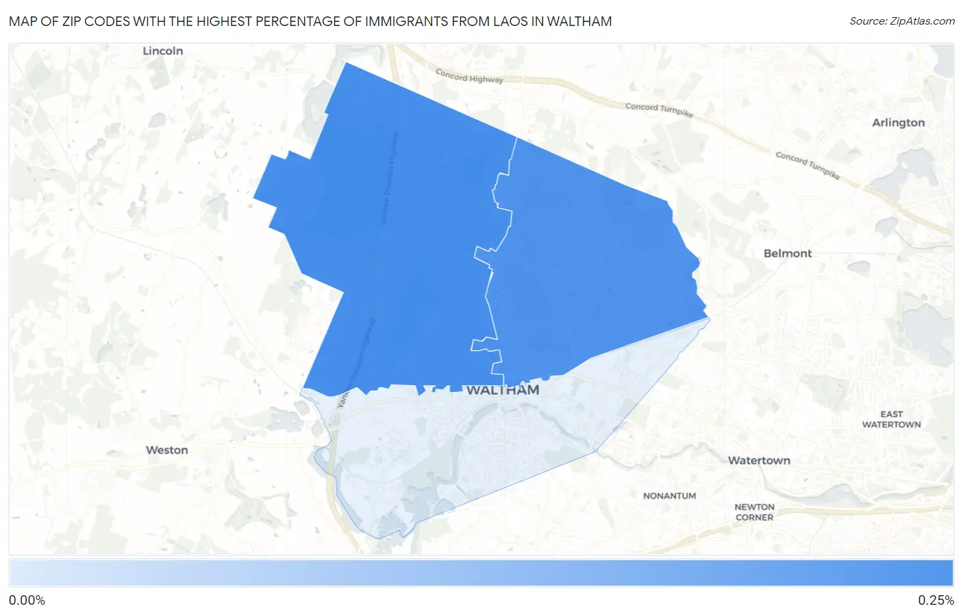 Zip Codes with the Highest Percentage of Immigrants from Laos in Waltham Map