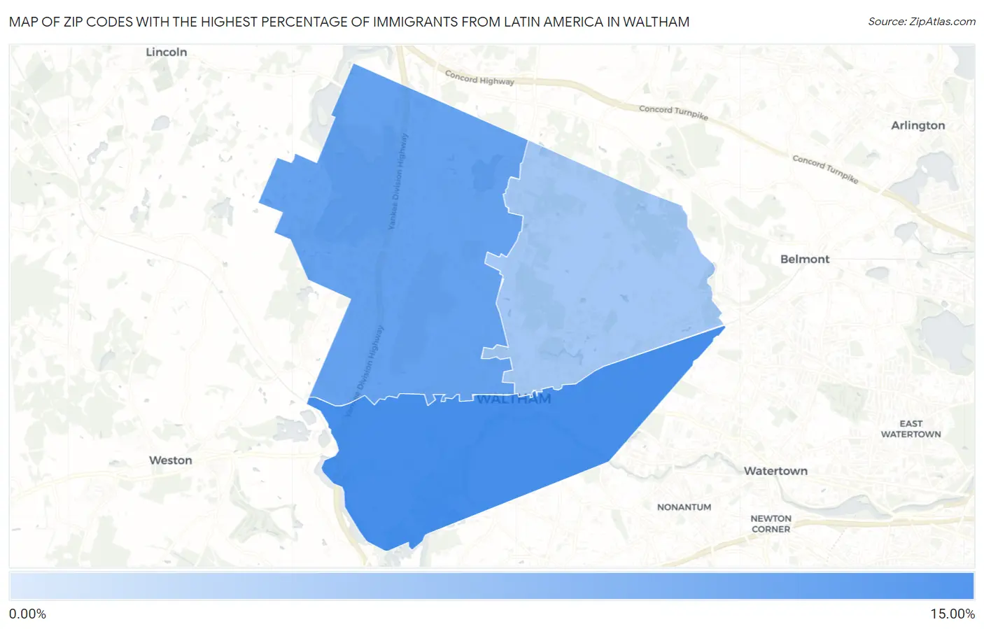 Zip Codes with the Highest Percentage of Immigrants from Latin America in Waltham Map