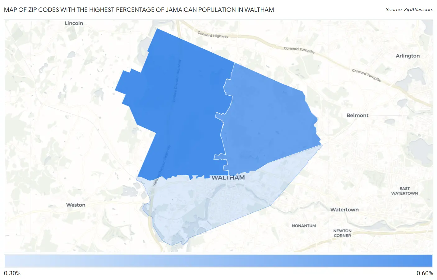 Zip Codes with the Highest Percentage of Jamaican Population in Waltham Map