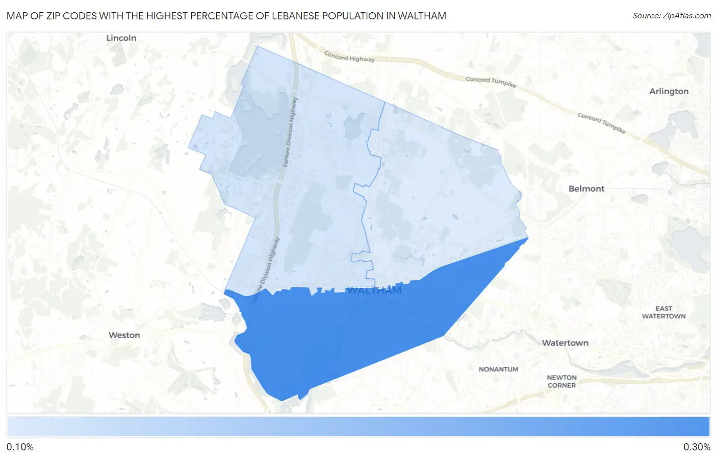 Zip Codes with the Highest Percentage of Lebanese Population in Waltham Map