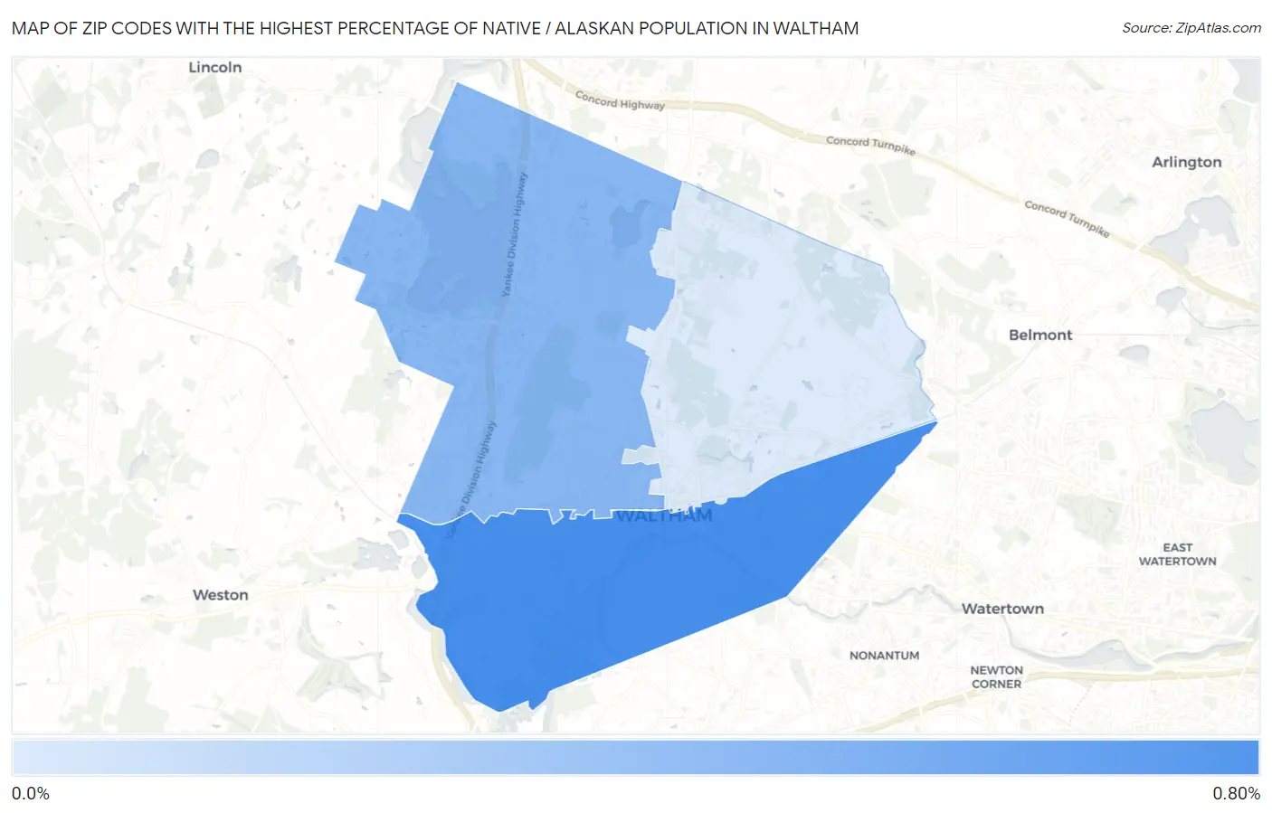 Zip Codes with the Highest Percentage of Native / Alaskan Population in Waltham Map