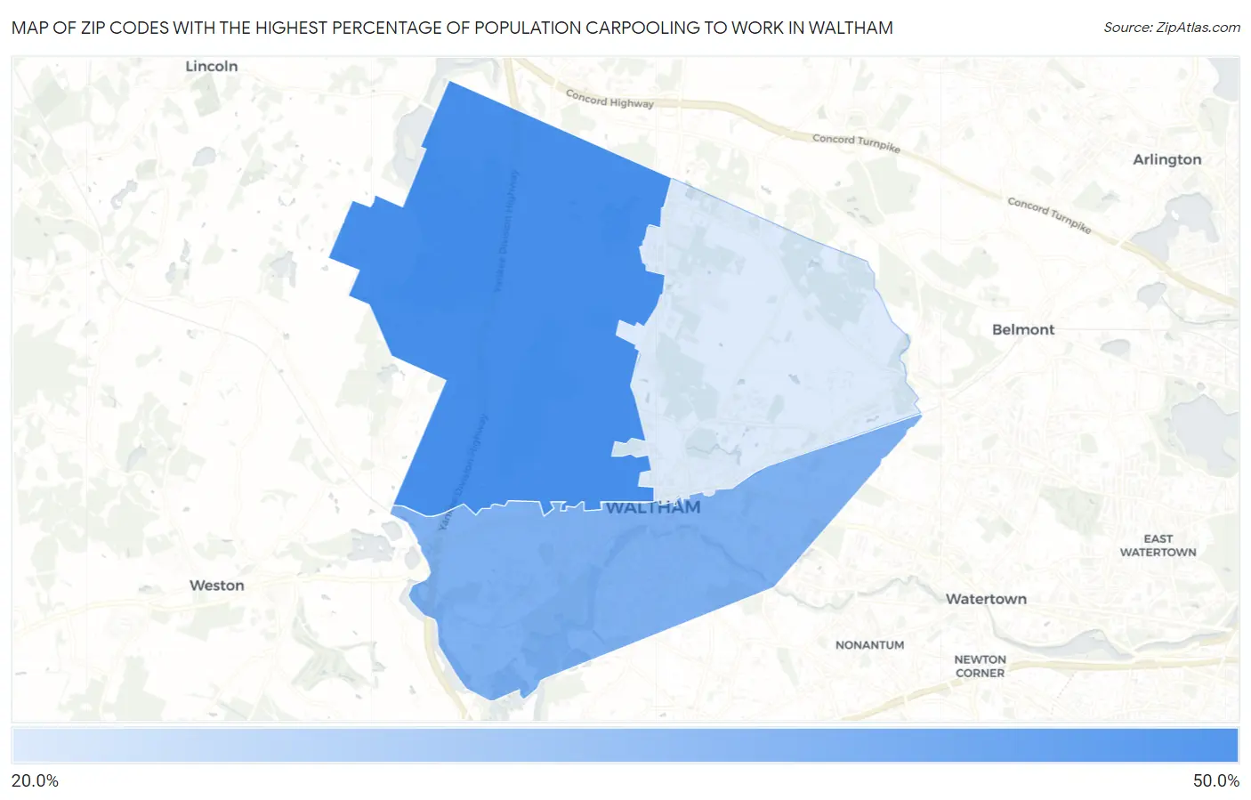 Zip Codes with the Highest Percentage of Population Carpooling to Work in Waltham Map