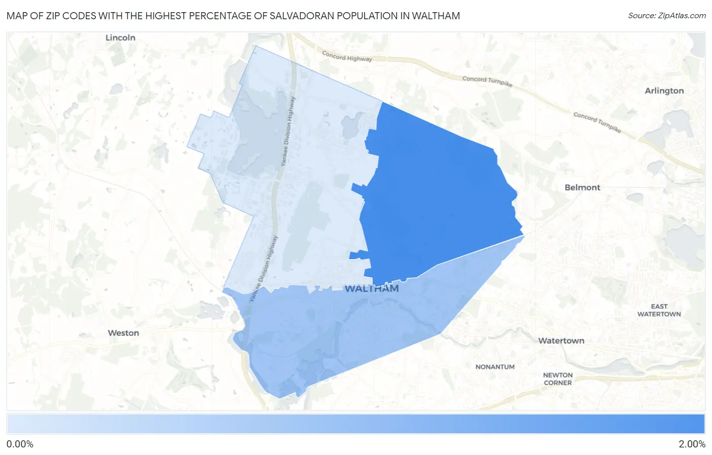 Zip Codes with the Highest Percentage of Salvadoran Population in Waltham Map