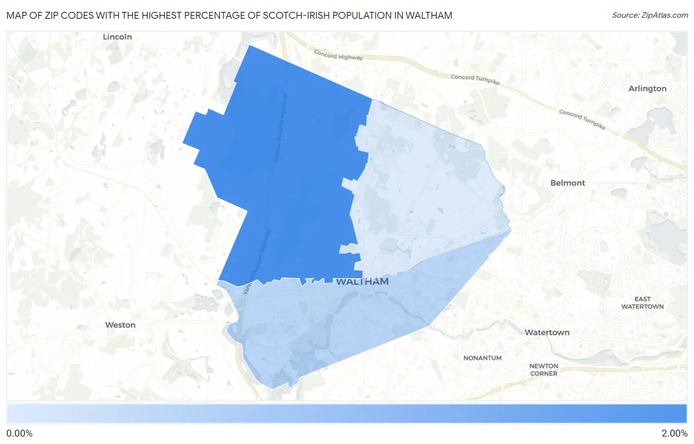 Zip Codes with the Highest Percentage of Scotch-Irish Population in Waltham Map