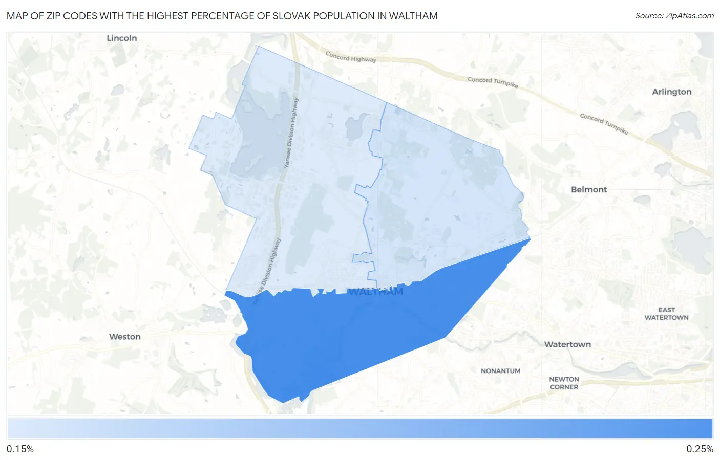 Zip Codes with the Highest Percentage of Slovak Population in Waltham Map