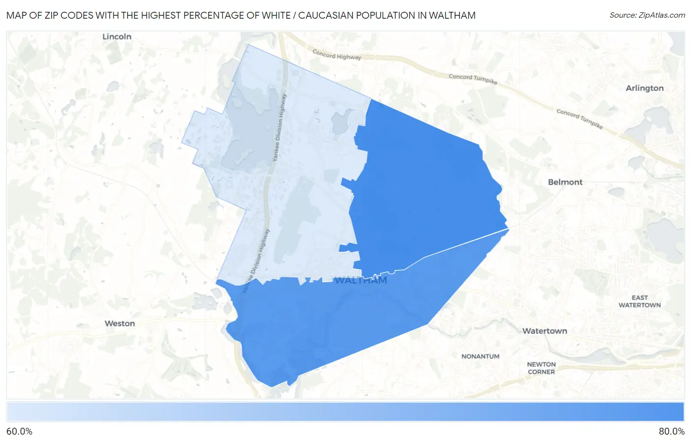Zip Codes with the Highest Percentage of White / Caucasian Population in Waltham Map