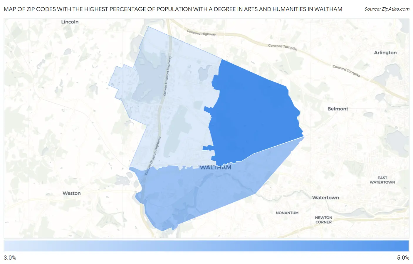 Zip Codes with the Highest Percentage of Population with a Degree in Arts and Humanities in Waltham Map