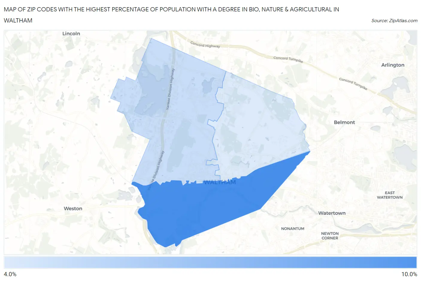 Zip Codes with the Highest Percentage of Population with a Degree in Bio, Nature & Agricultural in Waltham Map