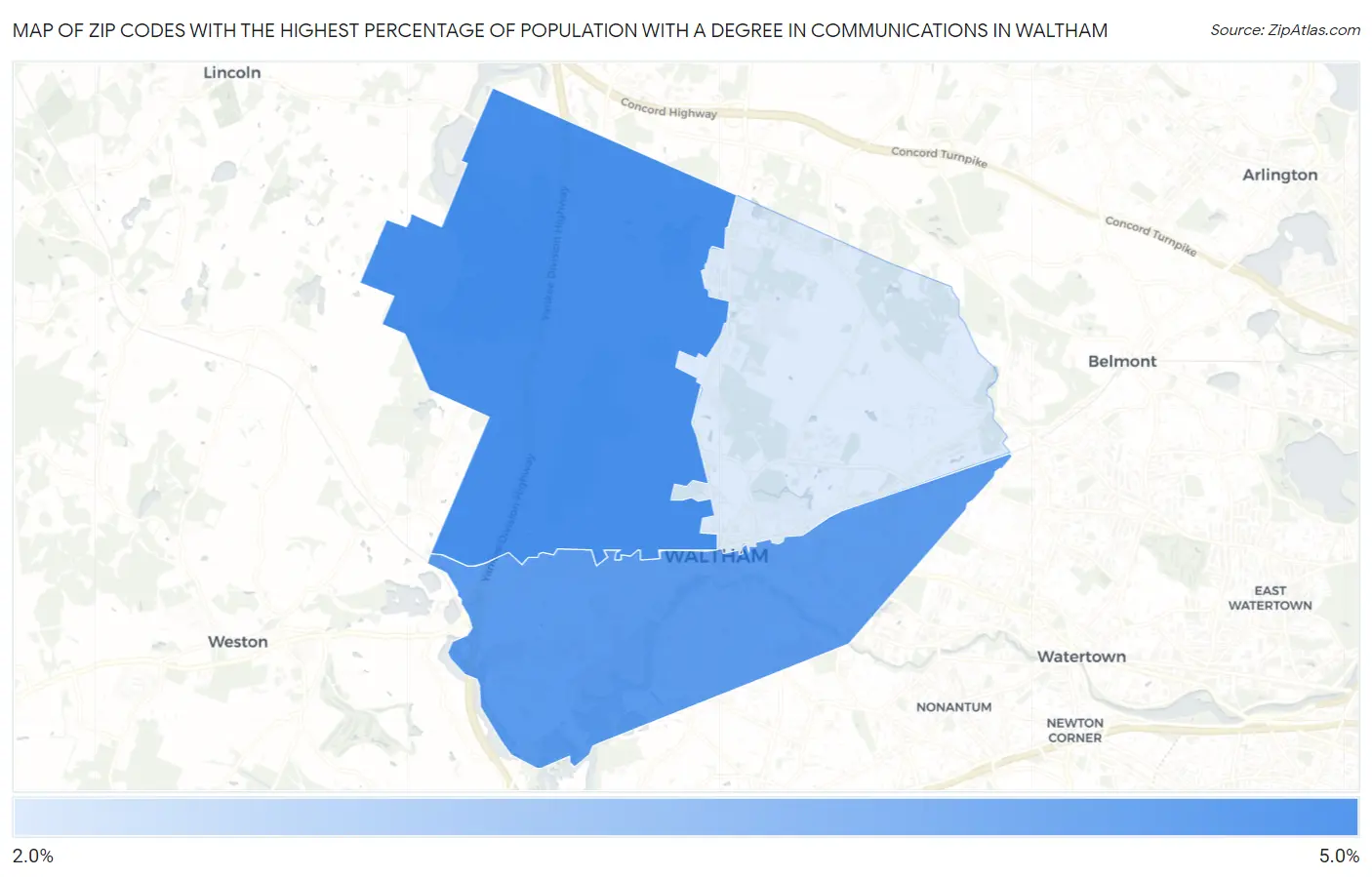 Zip Codes with the Highest Percentage of Population with a Degree in Communications in Waltham Map