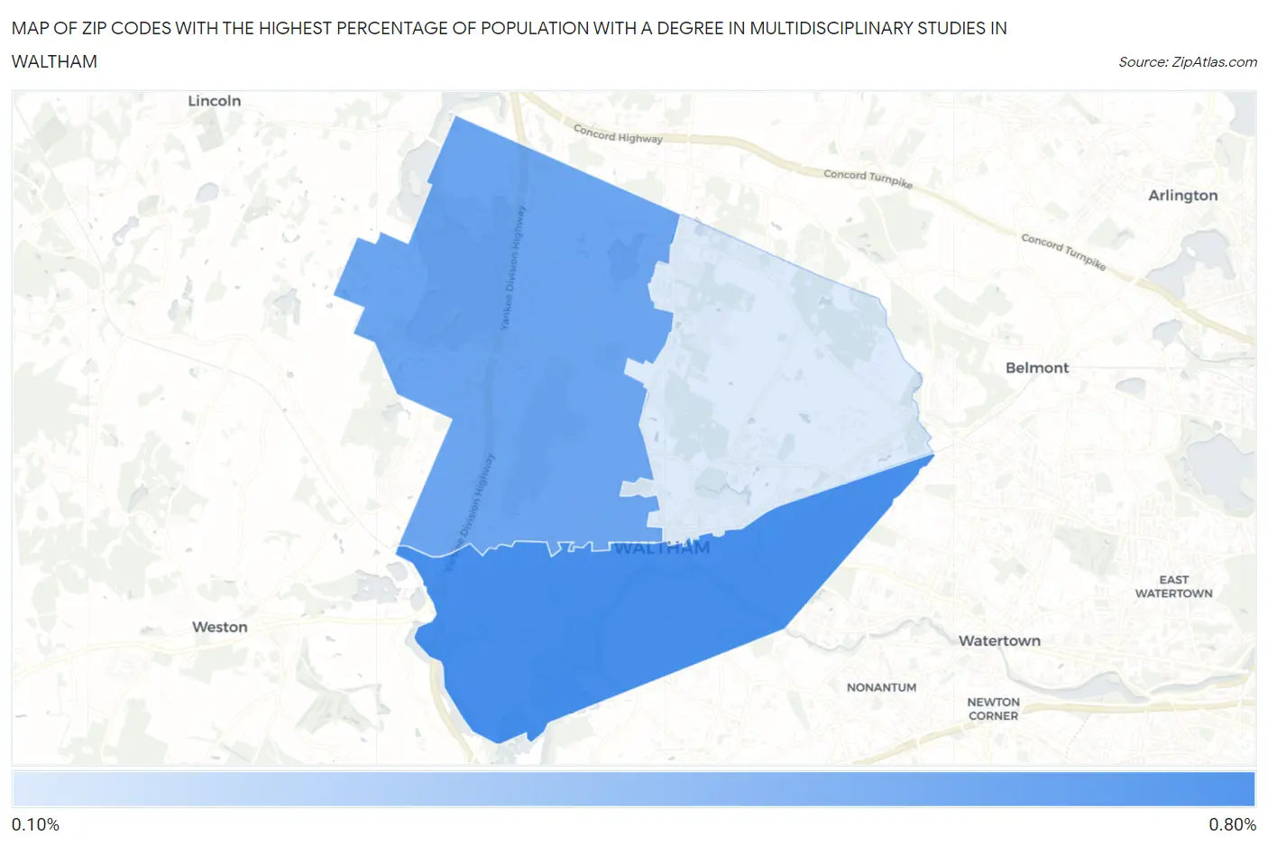 Zip Codes with the Highest Percentage of Population with a Degree in Multidisciplinary Studies in Waltham Map