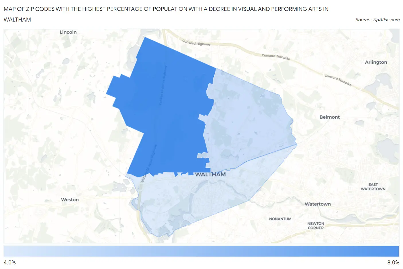 Zip Codes with the Highest Percentage of Population with a Degree in Visual and Performing Arts in Waltham Map
