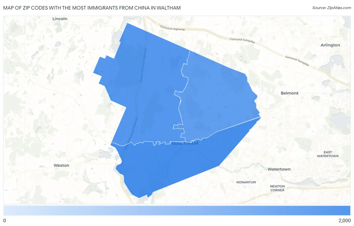 Zip Codes with the Most Immigrants from China in Waltham Map