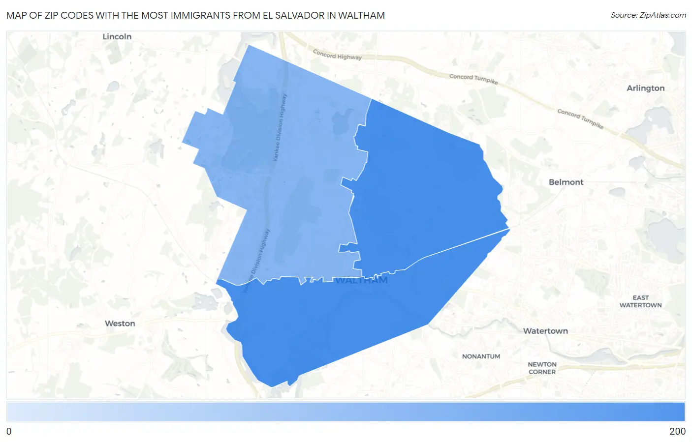 Zip Codes with the Most Immigrants from El Salvador in Waltham Map