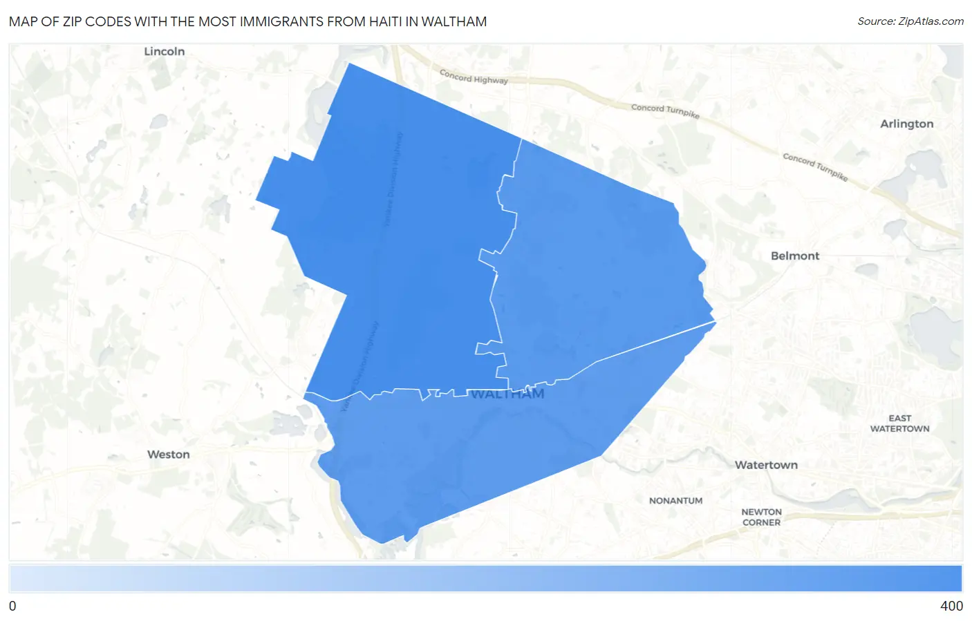 Zip Codes with the Most Immigrants from Haiti in Waltham Map