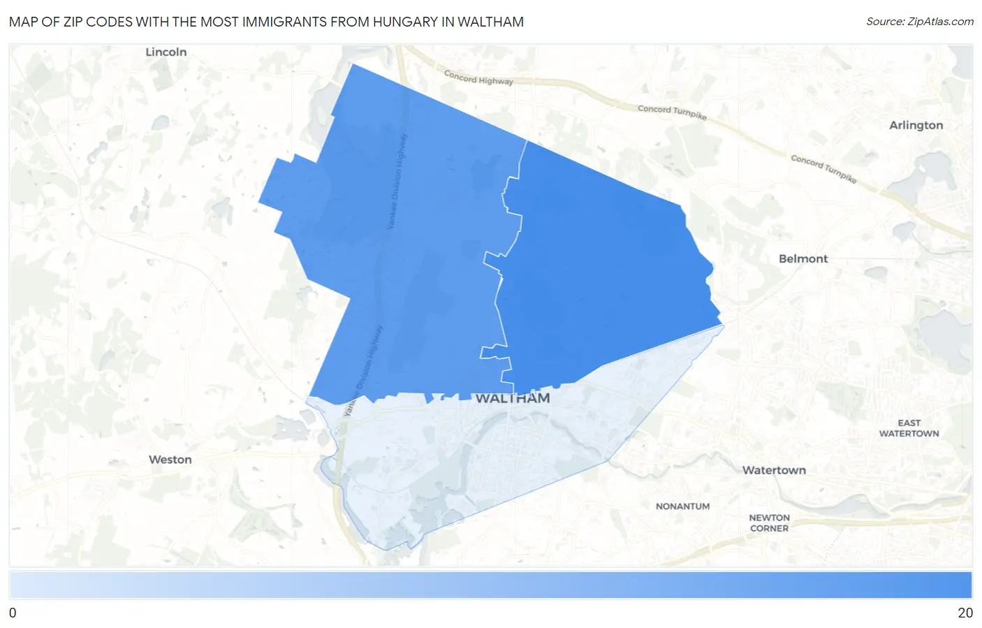 Zip Codes with the Most Immigrants from Hungary in Waltham Map
