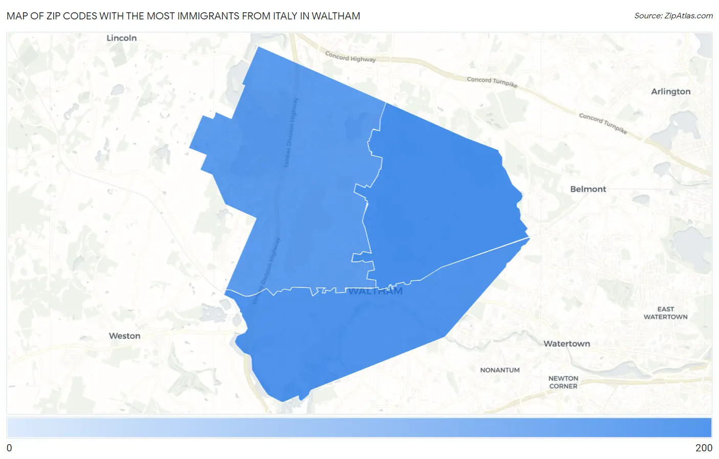 Zip Codes with the Most Immigrants from Italy in Waltham Map
