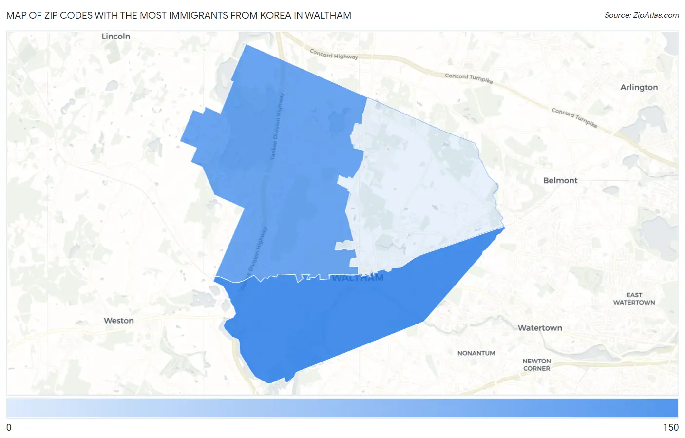 Zip Codes with the Most Immigrants from Korea in Waltham Map