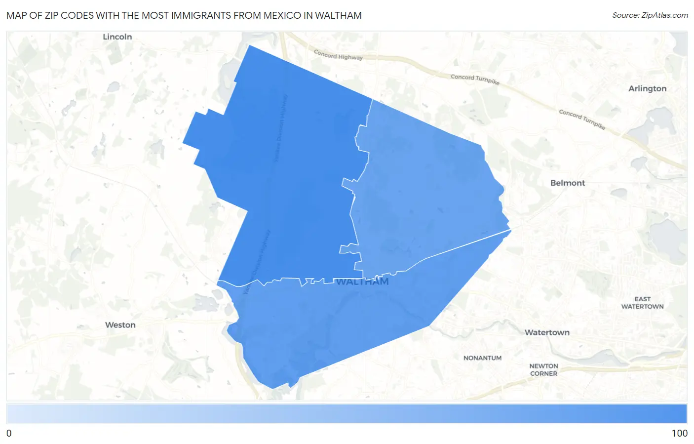 Zip Codes with the Most Immigrants from Mexico in Waltham Map