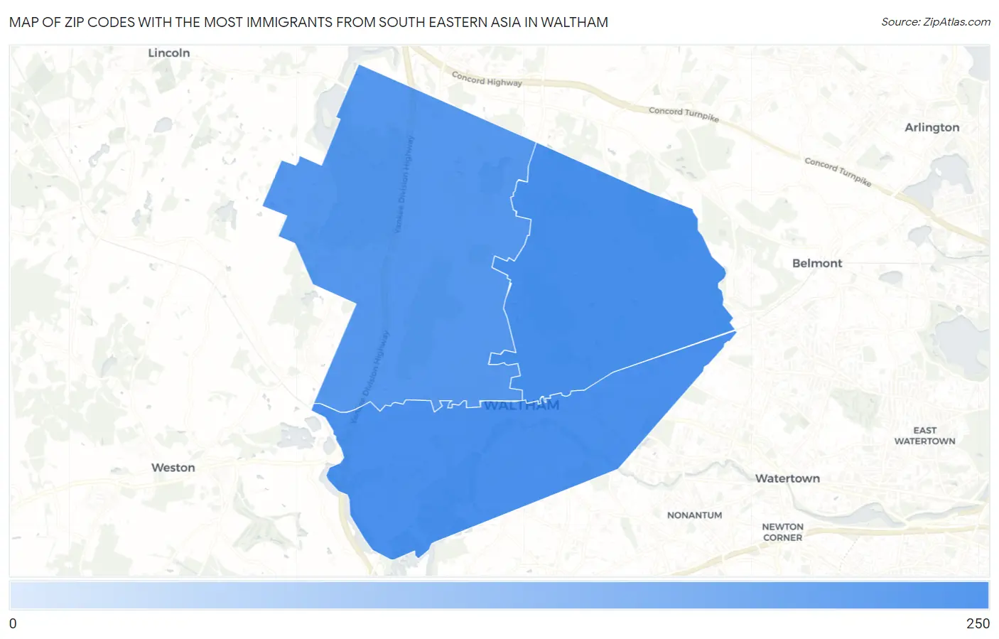Zip Codes with the Most Immigrants from South Eastern Asia in Waltham Map