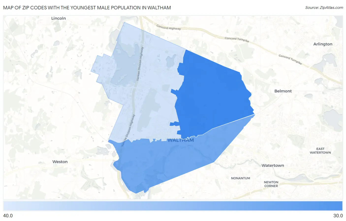 Zip Codes with the Youngest Male Population in Waltham Map