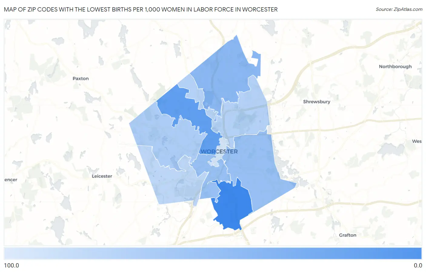 Zip Codes with the Lowest Births per 1,000 Women in Labor Force in Worcester Map